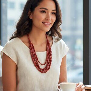 Layered Red Beaded Necklace with Natural Stones Resemblance To Coral